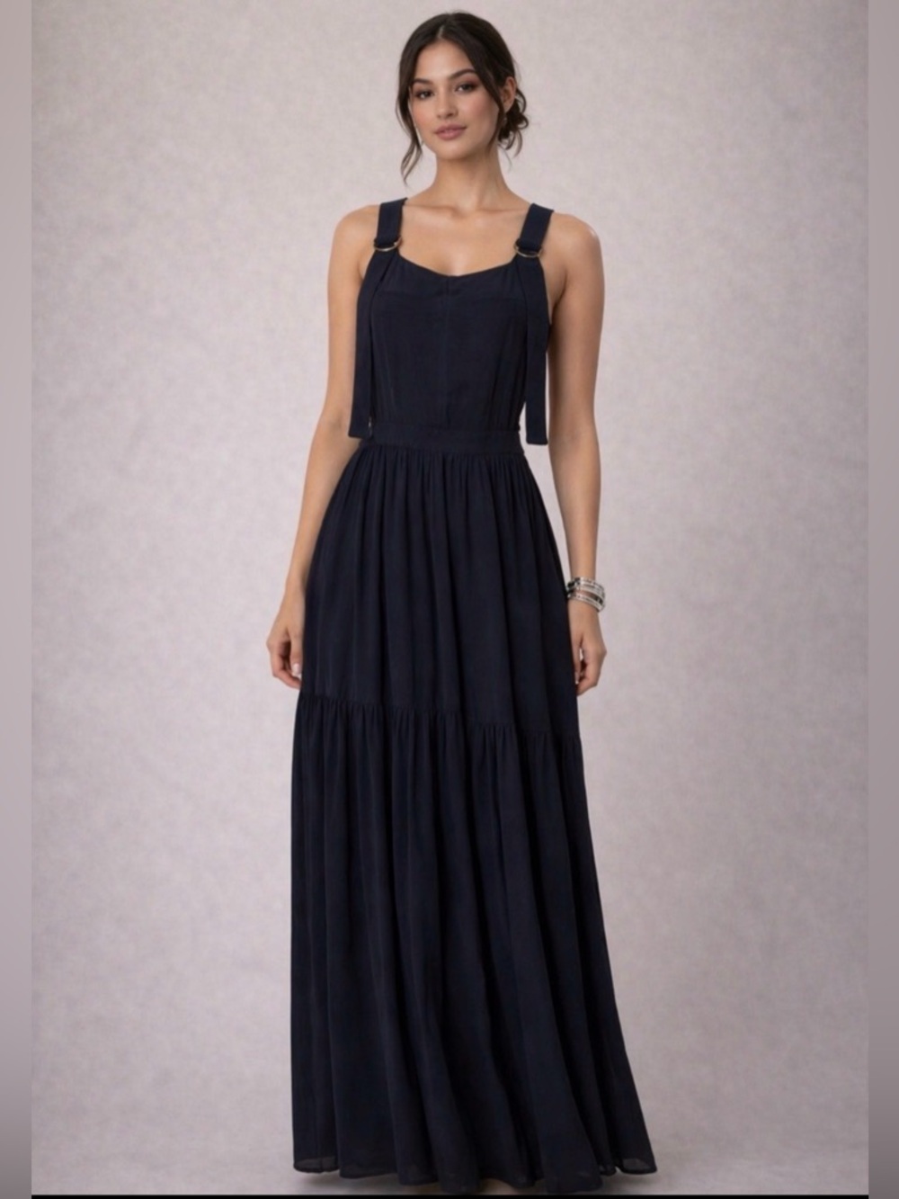 Free People Navy Overall Maxi Dress-Size M | Tiered Boho | Adjustable Straps